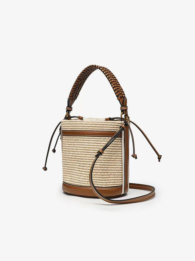 Zr Women's Bag 2025 New Color-Blocked Straw Shoulder Crossbody Bag Beach Outing Handbag Woven Bucket Bag Versatile