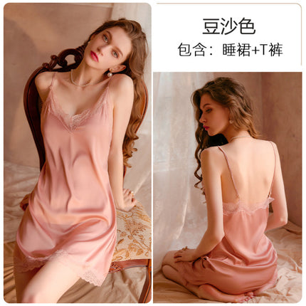 2024 New Summer Pajamas Women's Sexy Sling Ice Silk Women's Pure Desire Style Nightdress Lace Back Home Clothes