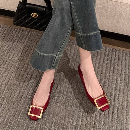 wine red Square Buckle Single-layer Shoes Women's Thick Heel Square Toe High Heel Stiletto Feet High-end French Elegant Flat Shoes