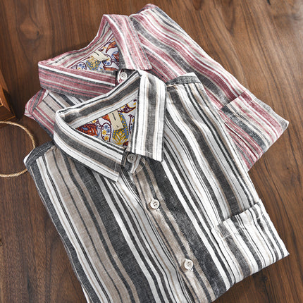 757 Spring and Summer New Men's Casual Linen Stripesd Shirt Drop Shipping