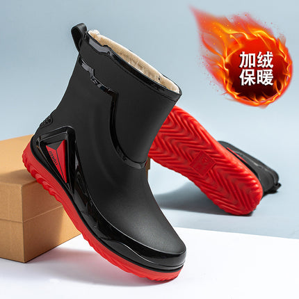 Cross-Border Rain Boots for Men, Water Shoes with Fleece Lining, Men's Water Boots, Outdoor Work Non-Slip Kitchen Wear-Resistant Waterproof Rubber Shoes
