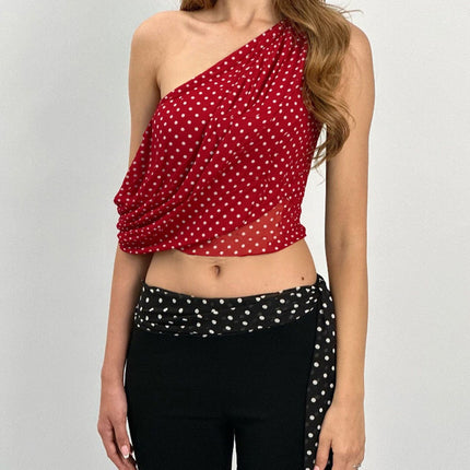 Ins European and American Cross-Border Hot-Selling Women's Clothing Polka-Dot Slant Collar Exposed Navel Asymmetrical Casual Sexy Niche Short Vest for Women