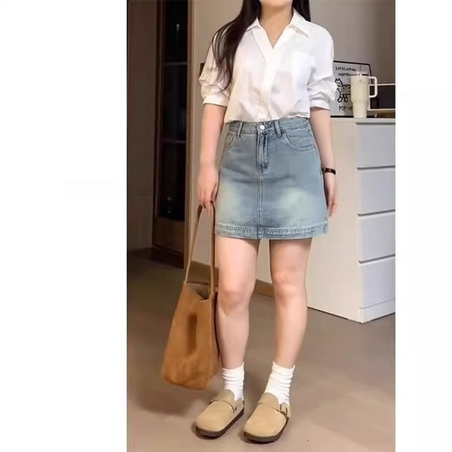 Retro Blue Denim Skirt for Women, Trendyy and Versatile New Style, Large Size Fat mm High Waist, Belly-Covering, Slimming Look A-Line Short Skirt