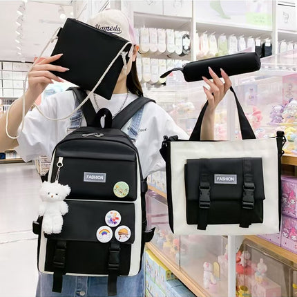 New School Bag Backpack Female Korean Version Canvas Large Capacity Five-Piece Set Middle School Student Backpack Student School Bag Female