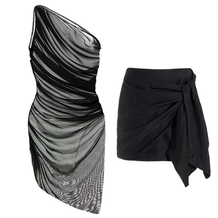 2025 European and American New Mesh See-Through One-Piece Swimsuit and Skirt Suit for Women Cross-Border Hot Style