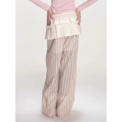 Fake Two Pink Irregular Stripe Loose Drawstring Straight Trousers Ballet Heavy Industry Pleated Fart Curtain