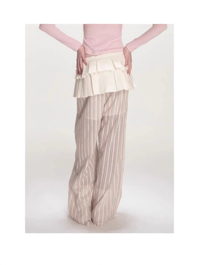 Fake Two Pink Irregular Stripe Loose Drawstring Straight Trousers Ballet Heavy Industry Pleated Fart Curtain