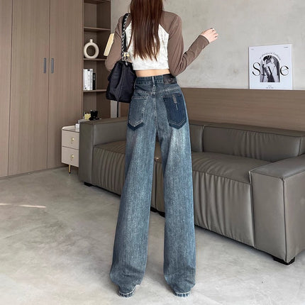 American Style Retro Narrow Wide Leg Jeans Women's Fashionable All-match High Waist Dipping Hip Covering Slimming Straight Floor Trousers