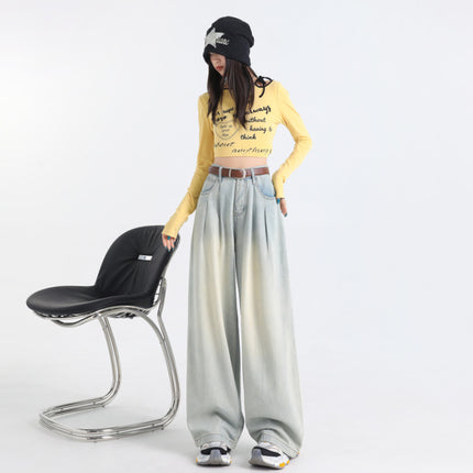 Korean Style Pleated Loose Wide Leg Jeans Women's 2024 Autumn New High Waist Drape Slimming All-match Straight Pants
