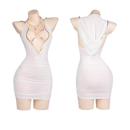 Sexy Deep V Backless See-Through Chain Gold-Edged Hooded Girl Pure Desire White Hip-Hugging Skirt Exotic Style Skirt