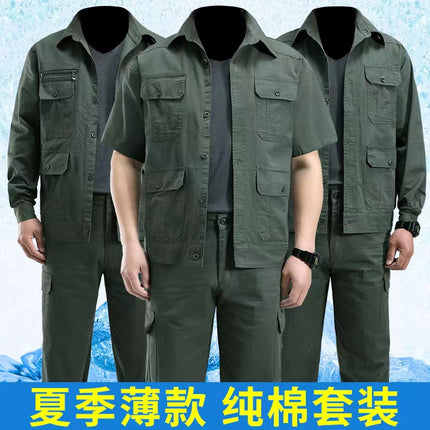 Summer Thin Work Clothes Suit for Men, Cotton-Containing Long and Short Sleeves, Breathable and Wear-Resistant Welding Work Clothes, Military Green Labor Protection Clothes