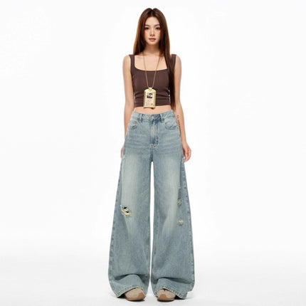Retro Washed Distressed Jeans for Women, Loose High-Waisted Slim Straight Wide-Leg Pants, Floor-Length Pants