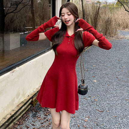 Foreign Trade Women's Clothing Real Shot New Year Red Knitted Slim Fit dress Women's Autumn and Winter Removable Sleeve Short Skirt Small Body