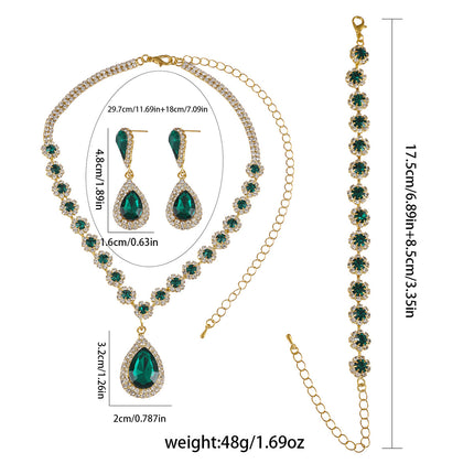 Amazon's Best-Selling Women's Water Drop Green Crystal Necklace, Earrings, Bracelet, Jewelry Set, Three-Piece Set, Drop Shipping