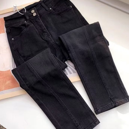Autumn and Winter New fleece-lined Pear-shaped Body Pants Women's plus size High Waist Slimming Skinny Foot Straight Pipe Fashionable Jeans