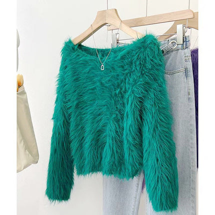 Design Sense Shoulder Imitation Mink Cashmere Sweater Women's Autumn and Winter New Soft Waxy Green Fluffy Knitted Sweater Long Sleeve Short Top