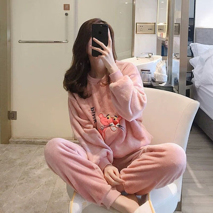 2024 New Autumn and Winter Coral Velvet Cartoon Stripesd Women's Pajamas Thickeneded and Wearable Home Wear Set