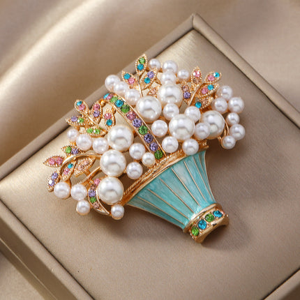 New Glazed Pearl Flower Brooch Fashion Flower Basket Potted Pin Ancient Vintage Personalized Rhinestone Accessories