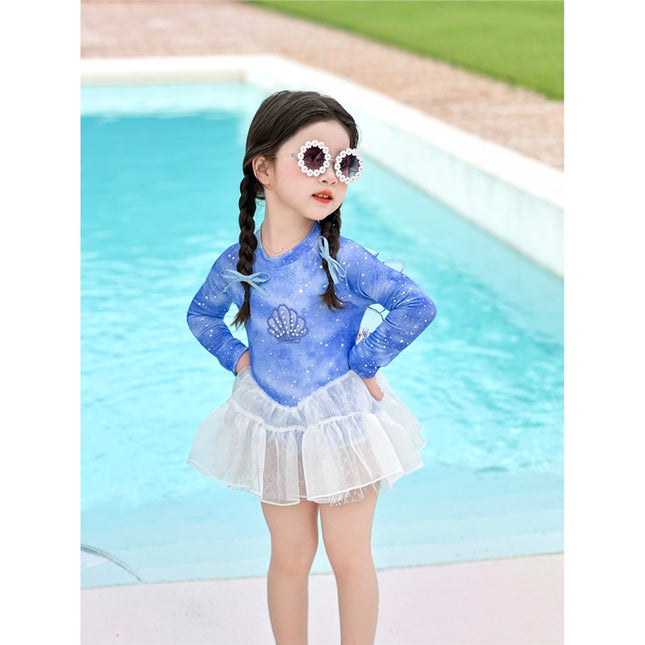 Next Kiss Fairy Gauze Skirt Kidsren's One-Piece Swimsuit 2025 New Summer Long-Sleeved Fashion Girls Swimsuit