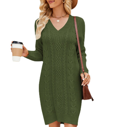 Cross-border European and American women's V-neck sweater dress 2023 autumn and winter twisted knitted dress elegant long sweater dress for women