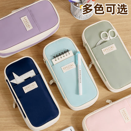 in stock Multi-layer Canvas Retractable Pencil Case Korean Simple High School Student Macaron Color-block Variable Large Capacity Pencil Case