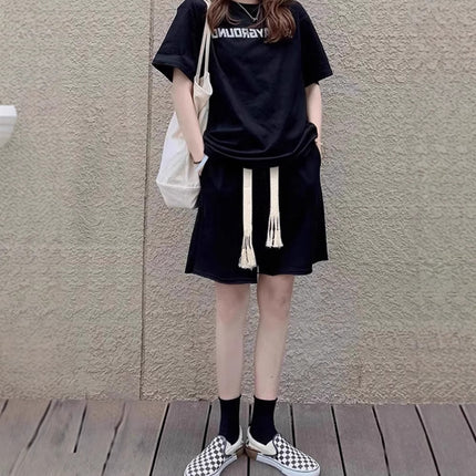 Black Sports Shorts for Women, Summer Thin High-Waisted Casual Straight Mid-Length Loose Wide-Leg Cool Five-Point Shorts