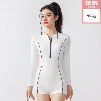New Swimsuit for Women, One-Piece, Boxer, Conservative, Long-Sleeved, Belly-Covering, Slimming, Professional Sports Hot Spring Swimwear