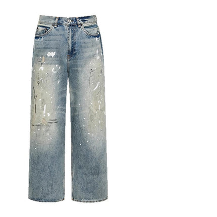 JIAMU Retro American Style High Street Baggy Style Unisex Wide Leg Dirty Spray Ink Old Design Jeans