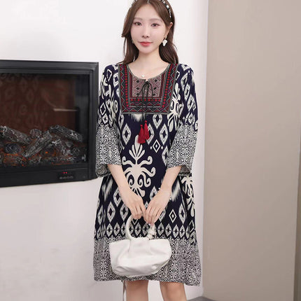 Extra Large Size Ethnic Style Round Neck Three-Quarter Sleeve Dress Loose Embroidered Flower Cotton Silk Travel Beach Skirt for Women