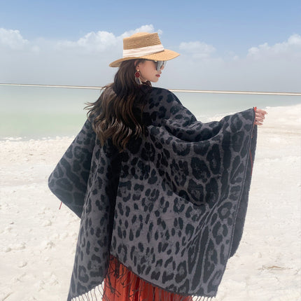 Leopard Split Towel Warm Tassel Shawl Thickened Xizang Northwest Desert Windproof Cape Women's Travel