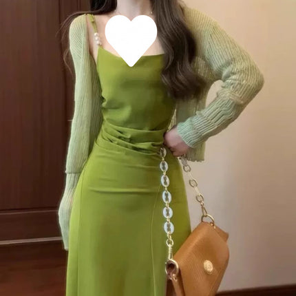 2025 New Summer Vacation French-Style Spaghetti Strap Green Dress Trendy High-End Elegant Stunning Super Fairy Dopamine