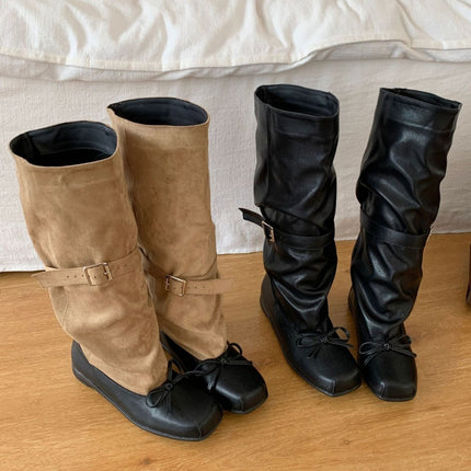 Sheepskin Version ~2025 New Personalized Ballet Style Genuine Leather Boots for Women with Bow Belt Buckle Pleated Work Boots