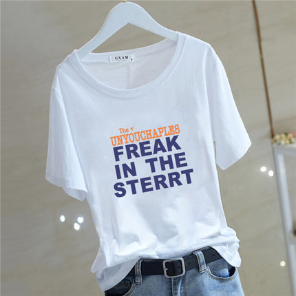 2025 Comfortable Summer New Cotton Short-sleeved T-shirt Women's Korean-style All-match Round Neck Printed Letter Top Base Trendy