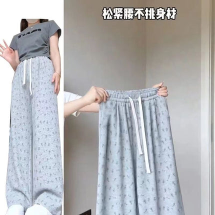 Apricot Ice Silk Floral Sweatpants for Women, Summer Thin Casual Petite Straight Wide-Leg Pants, Loose American-Style Sweatpants