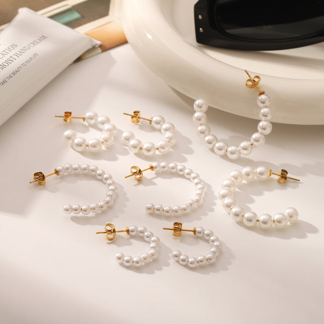 French Elegant Earrings Stainless Steel 18K Gold C-Shaped Pearl Earrings for Women Accessible Luxury High-End Spring and Summer Titanium Steel Earrings for Women