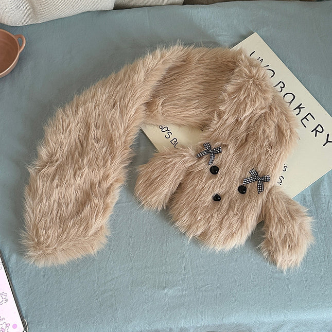 Cute Cartoon Dog Plush Scarf Bow Fashion Solid Color All-match Scarf Women's Furry Autumn and Winter Warm