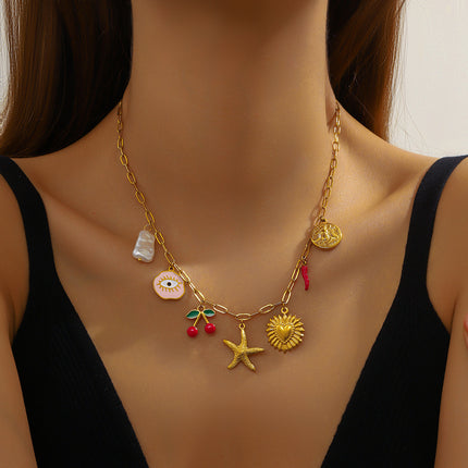Korean Style Fashionable Sweet Fresh Cute Eyes Pink Oil Dripping Cherry Gold-Plated Heart Round Starfish Clavicle Necklace