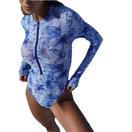 Zipper Long-Sleeved Sun Protection Mesh Swimsuit for Women Printed One-Piece Swimsuit Bikini Купальник