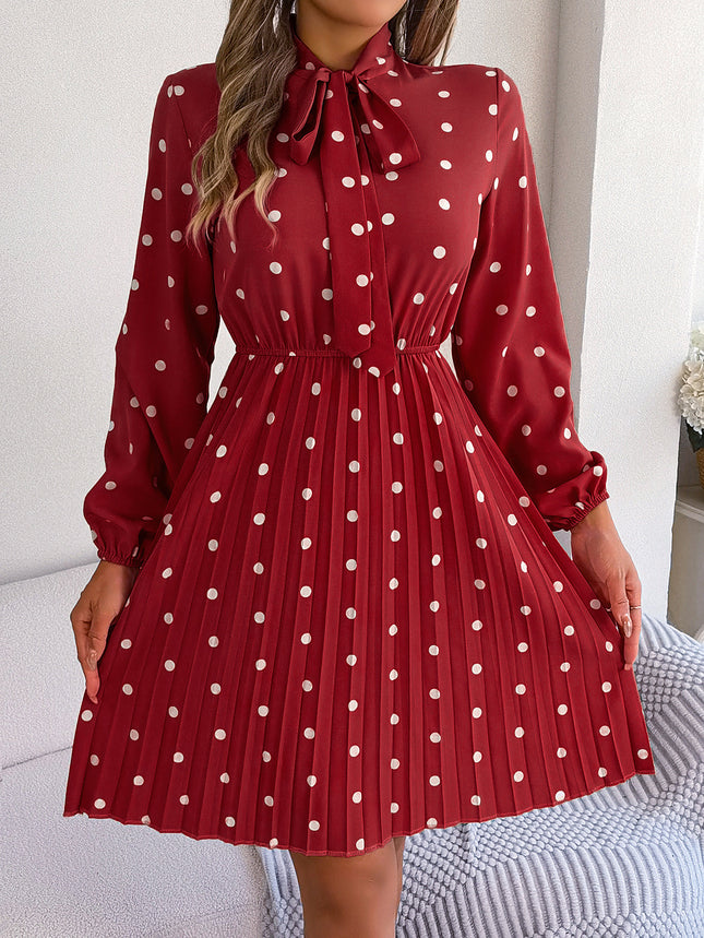 Real Shot of 2026 Spring/Summer European and American Style Polka Dot Tie-Waist Long-Sleeve Pleated Dress Amazon Cross-Border Women's Fashion