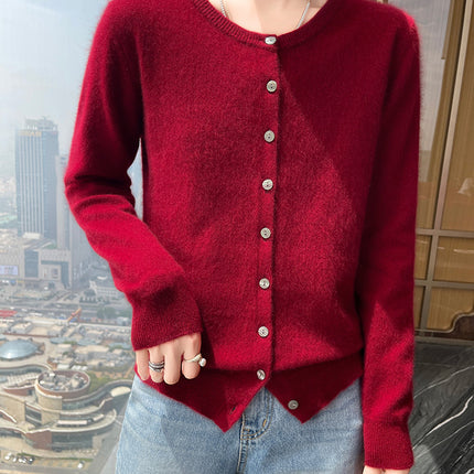 2025 Spring and Autumn New Round Neck Cashmere Knitted Cardigan Women's Loose All-match Sweater Coat Long Sleeve Soft Waxy Top