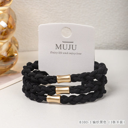 3-Pack of Premium Elastic Hair Bands with Gold Beads, Thick and High-Elastic Braided Hair Ties, Simple High Ponytail Hair Ties