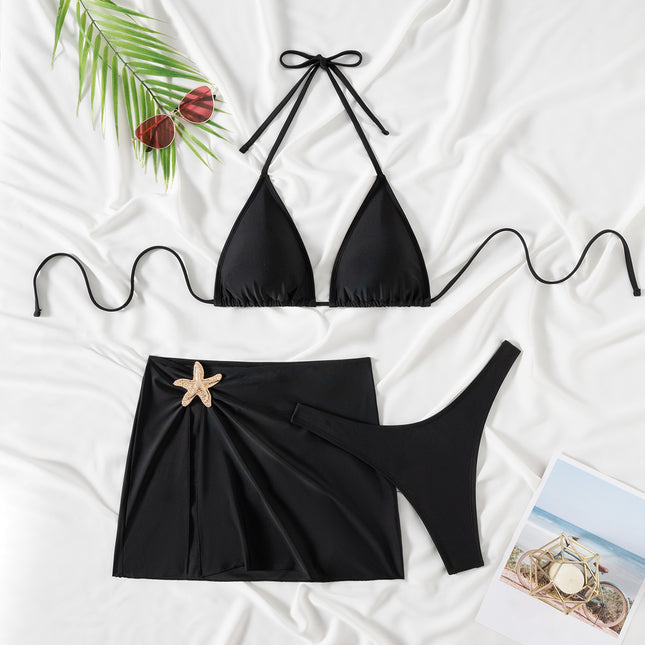 2025 New European and American Cross-Border Bikini Triangle Lace Sexy High Waist Slit Three-Piece Bikini Swimsuit for Women