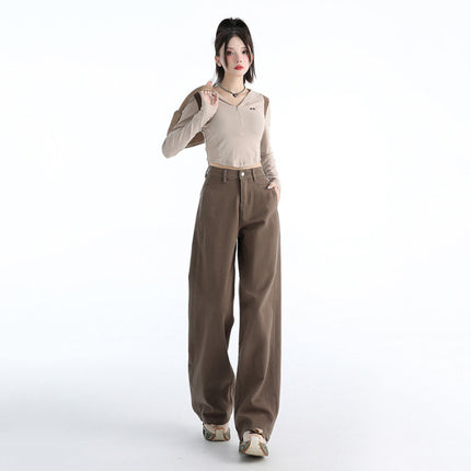 Attention Moment Brown brown Retro Jeans Women's Autumn and Winter High Waist Loose All-match Slimming Straight Pants