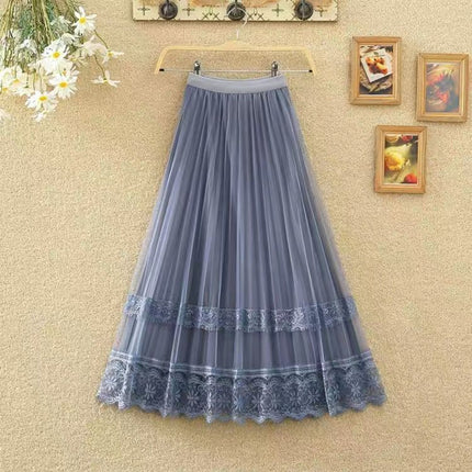 plus size Women's 2025 Fat Sister Summer New Heavy Industry Embroidered Large Flower Mesh Skirt Slim A- line Long Skirt