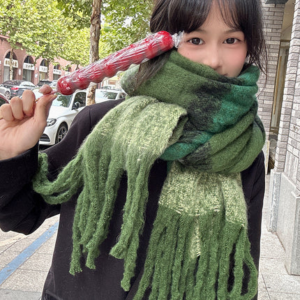 Infinite Forest Green ~ dark blue light blue * green striped tassel scarf Korean style versatile retro scarf for women autumn and winter