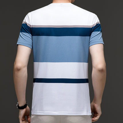 Famous Emperor Mouse Men's Summer New Middle-aged and Young Men's Pure Cotton T-shirt Round Neck Casual Striped Loose Short-sleeved T-shirt