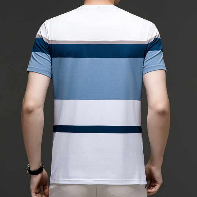 Famous Emperor Mouse Men's Summer New Middle-aged and Young Men's Pure Cotton T-shirt Round Neck Casual Striped Loose Short-sleeved T-shirt