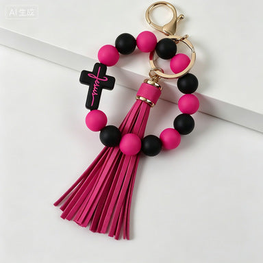 Cross-Border New Cross Silicone Bead Wrist Bracelet Keychain Handbag Leather Tassel Anti-Loss Pendant