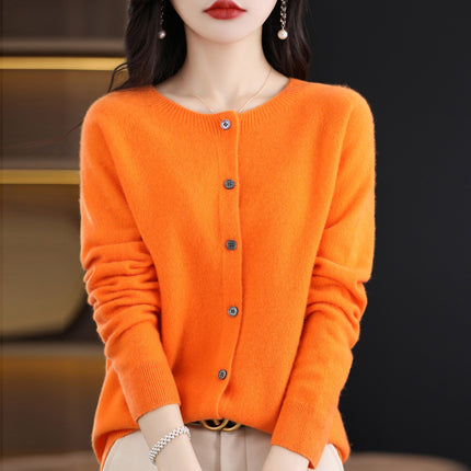 2024 Round-Neck Autumn and Winter Women's Cardigan Sweater Coat 100% Wool Loose Outerwear Versatile Knit Wool