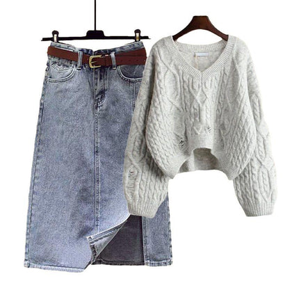 Plus Size Women's Spring and Autum Suit Women's 2025 New Knitted Sweater Slimming Look Versatile Denim Skirt Two-Piece Set